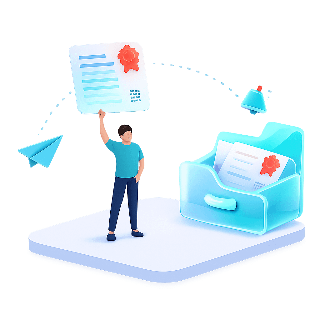 Person holding document near glowing file drawer. Person holding document near glowing file drawer.