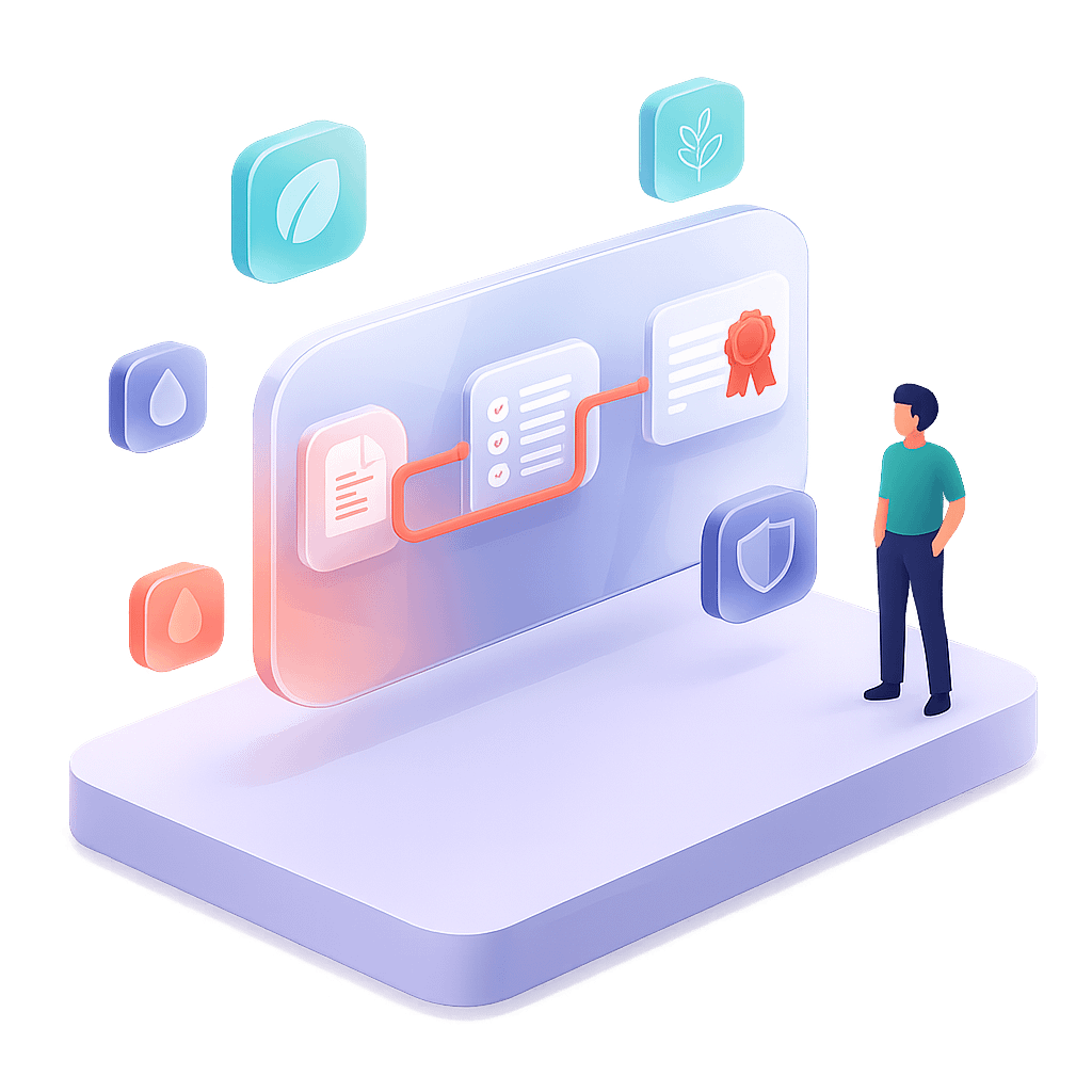 Person viewing digital workflow interface with icons and Person viewing digital workflow interface with icons and