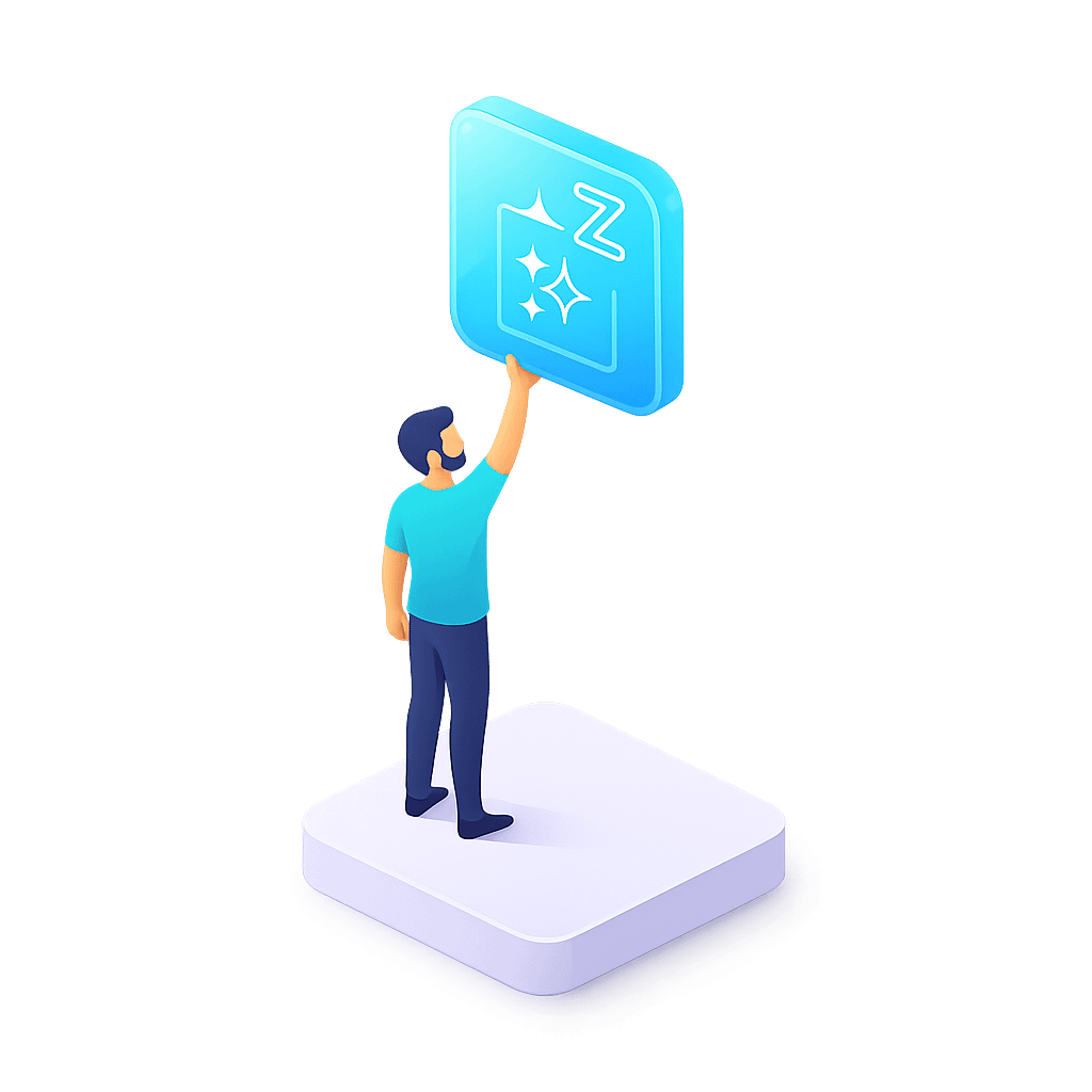 Man touching glowing blue icon with stars and letter Z. Man touching glowing blue icon with stars and letter Z.