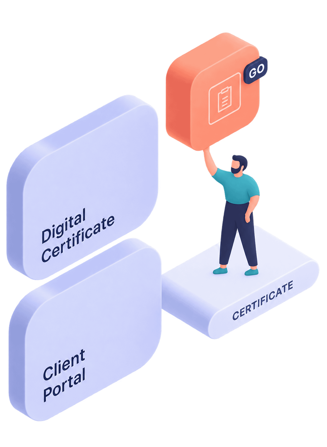 Man holding orange block labeled GO near certificates. Man holding orange block labeled GO near certificates.