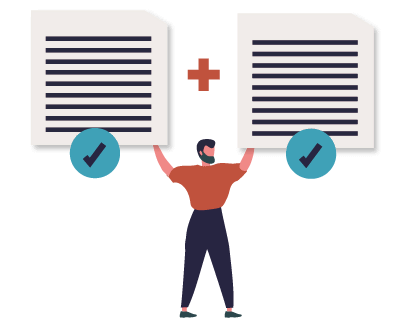 Person holding documents with checkmarks and plus sign. Person holding documents with checkmarks and plus sign.