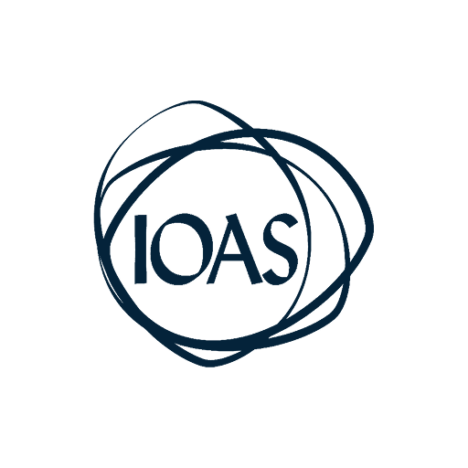 IOAS logo with abstract circular design in dark blue.