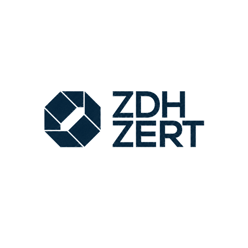 ZDH ZERT logo with geometric design in dark blue.