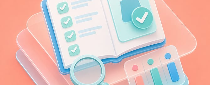 Open book with checklist, magnifying glass, and bar chart.